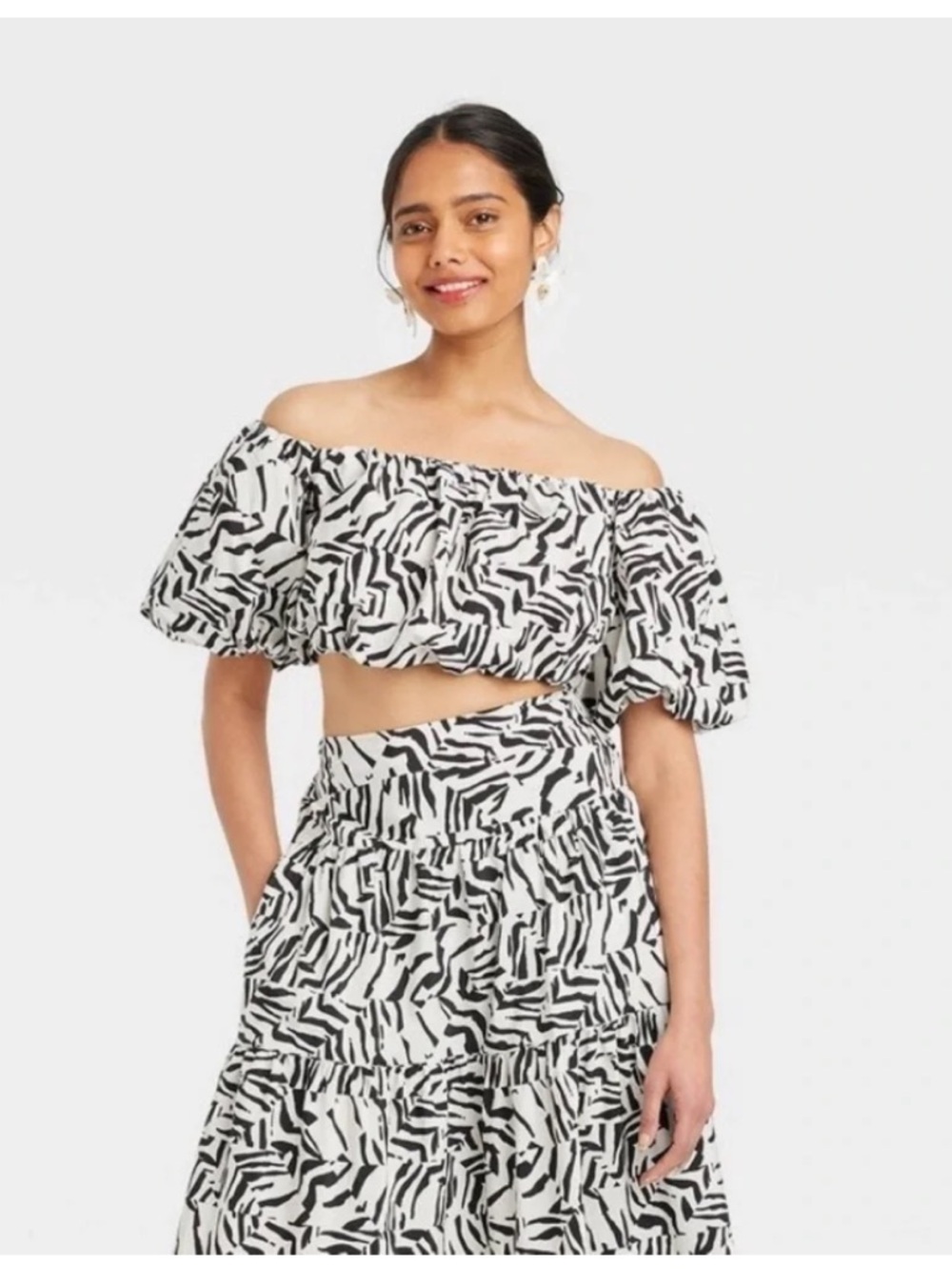 Women's Balloon Off the Shoulder Blouse - A New Day™ Black/White L